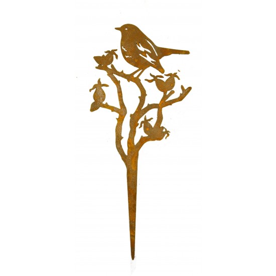 Topf und Gartenstecker Vogel auf Astring aus Edelrost