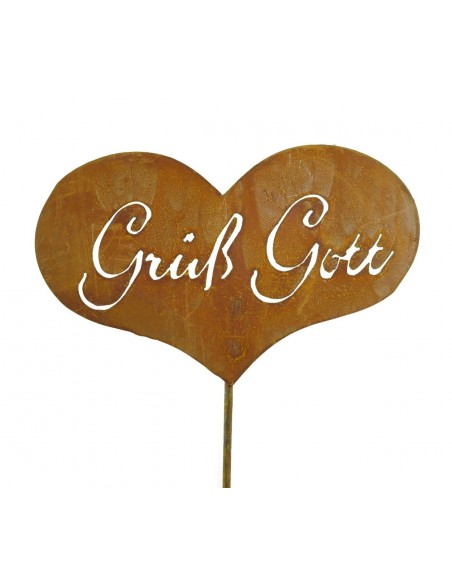 Grüß Gott Gartenstecker - Edelrost Herz zum Stecken mit Schriftzug Grüß Gott