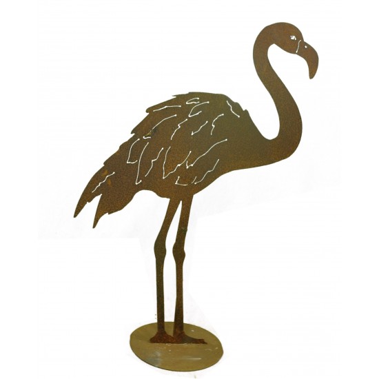 lebensechte Gartenfigur Flamingo aus Metall rostig