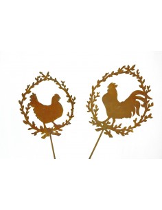 2er Set Hahn und Huhn im Palmkätzchenkranz auf Stab 60cm