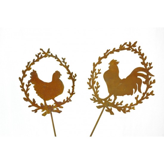 2er Set Hahn und Huhn im Palmkätzchenkranz auf Stab 60cm