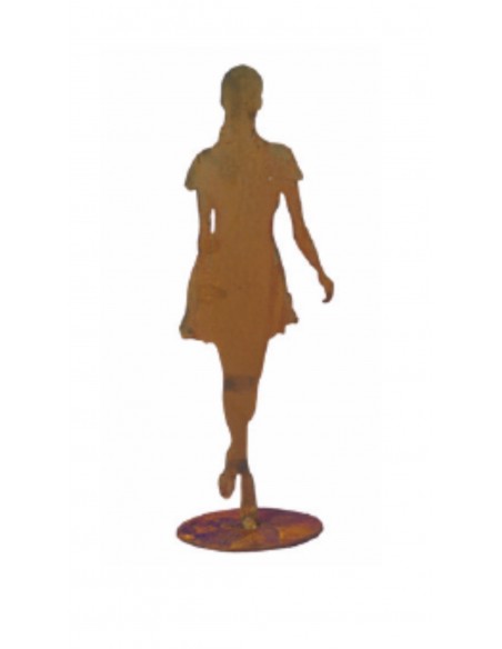 lebensgroße Figur Frau mit Minirock für draußen aus Metall mit Rost