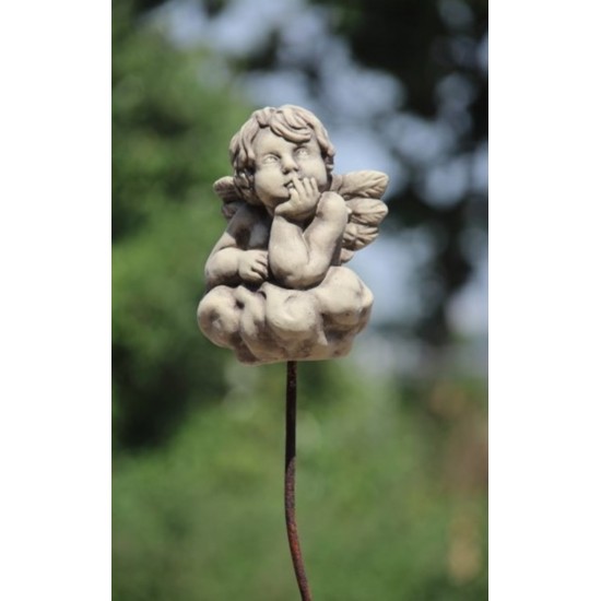 Steinguss Engel "Raffael" nachdenkend auf Wolke mit Stab, Gesamtlänge 117cm