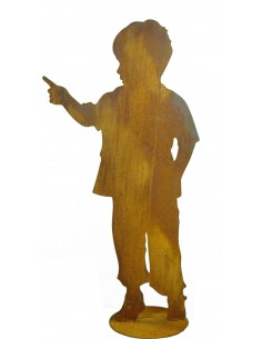 Gartenfigur Kind - Junge zeigt mit Hand in die Ferne - Gartendeko Rost
