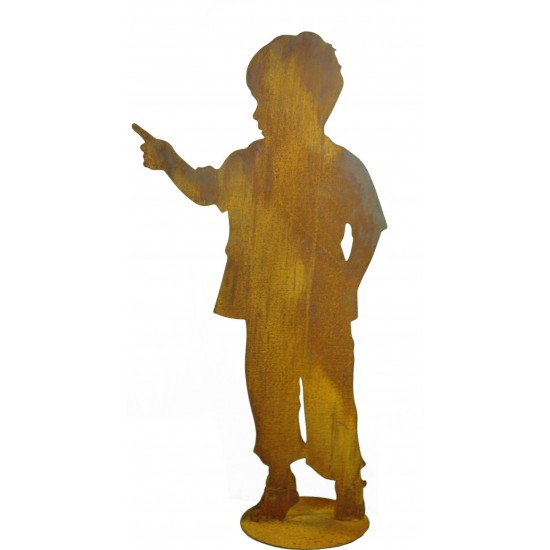 Gartenfigur Kind - Junge zeigt mit Hand in die Ferne - Gartendeko Rost