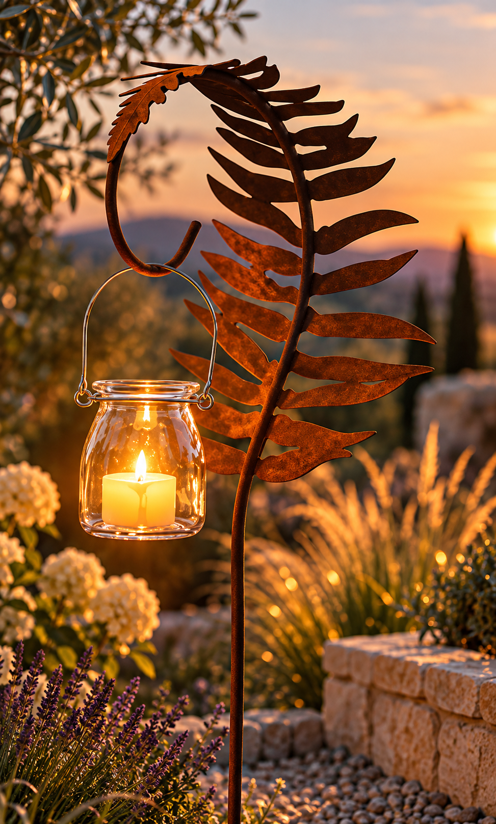 Laternenstab aus Edelrost mit Farnblatt-Motiv als Gartenstecker